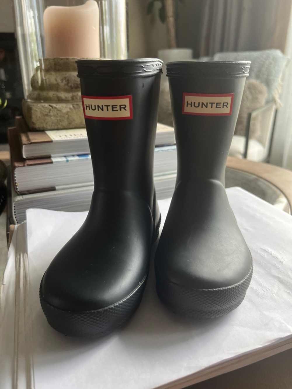 Hunter Matte Black Kids Waterproof Rain Boots with Red Logo